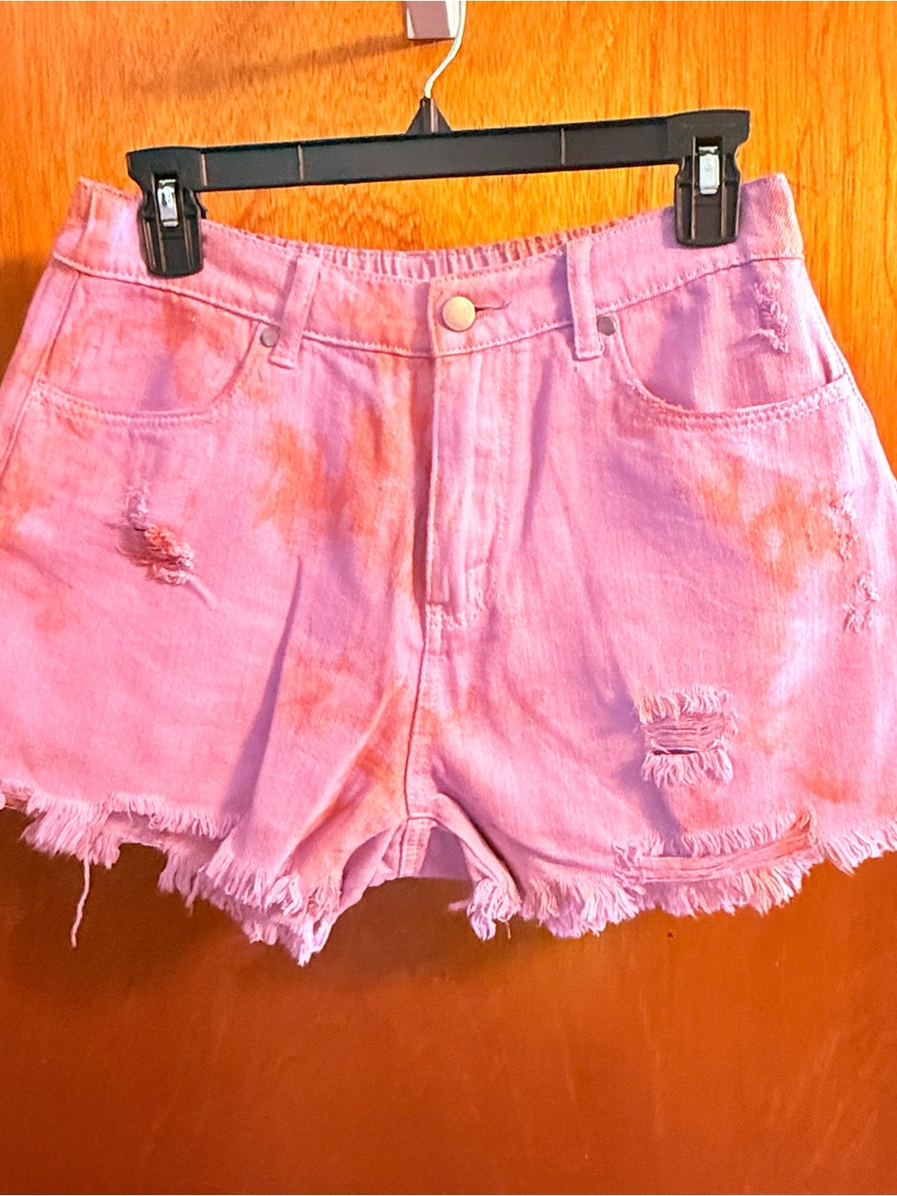 easel Pink Tie-Dye Distressed Denim Shorts with Frayed Hem
